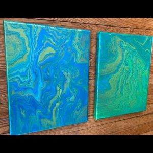 Set of (2) 8x10 acrylic pour paintings (metallic teal/green)